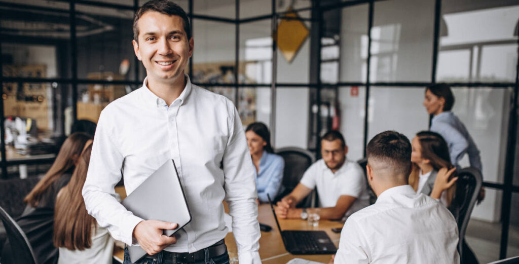 Group of people working out business plan in an office